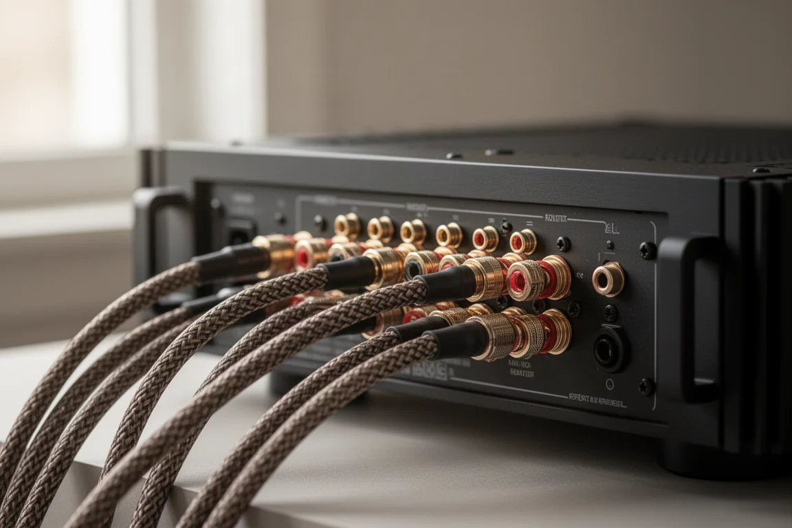 Rear panel speaker terminals with heavy speaker cables connected