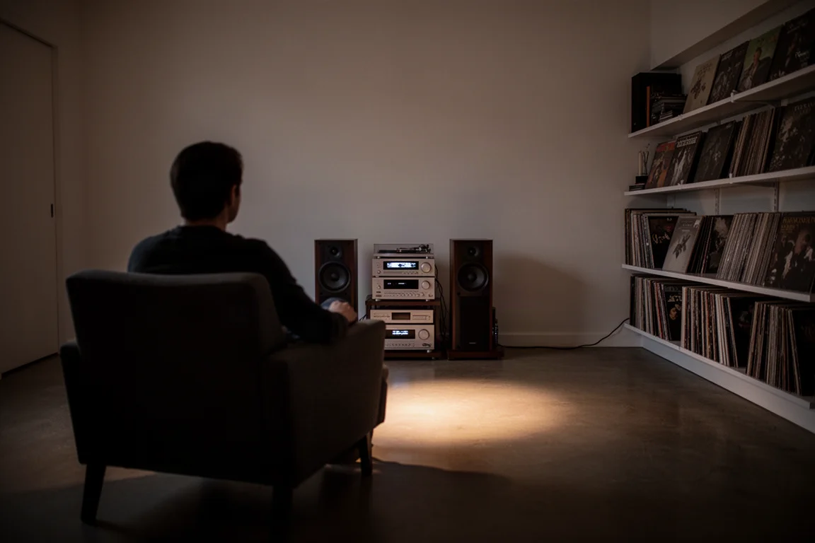 Silhouetted listener seated in a dim room facing a stereo system