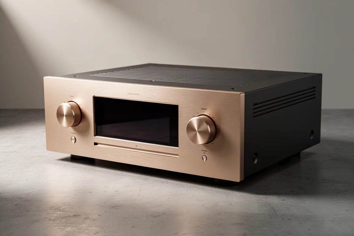 High-end integrated amplifier with brushed champagne metal front panel and two knurled knobs on a concrete surface