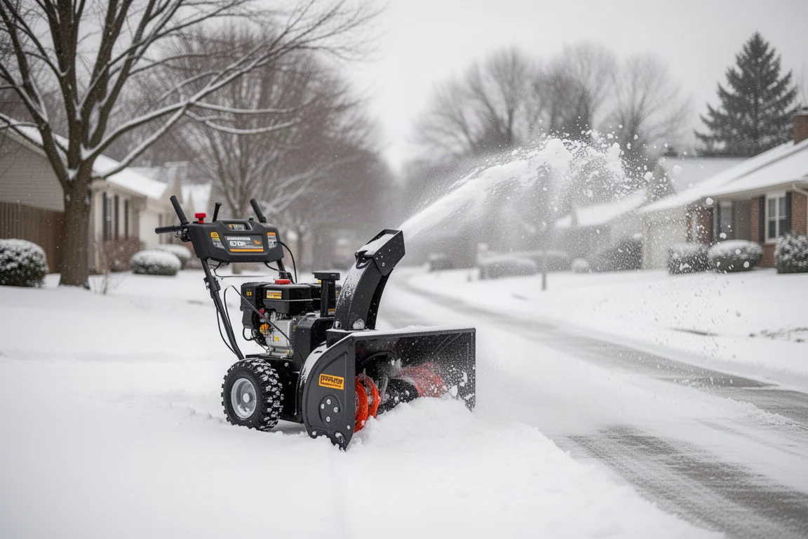 Elektrische sneeuwblazer ruimt een besneeuwde oprit op in winterdaglicht