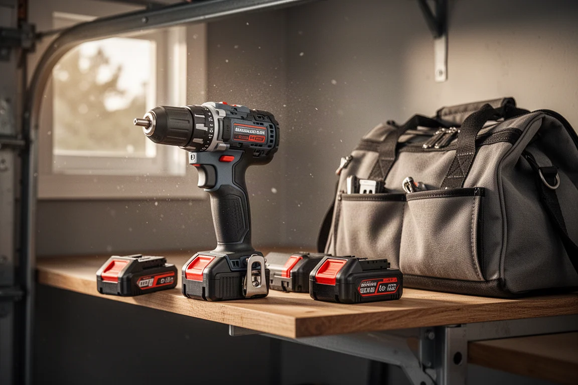 Compacte borstelloze boor-/schroefmachine op een garageschap naast accupakketten