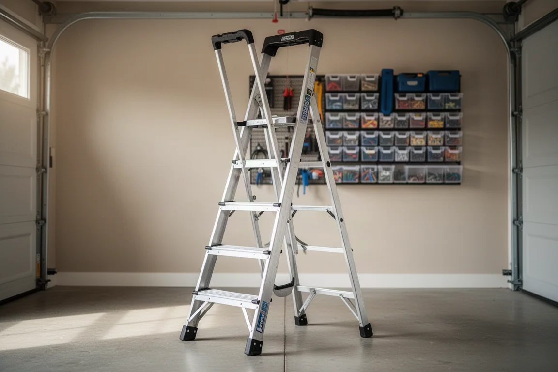 Glazenvezel huishoudtrap staat in een nette garage met georganiseerde gereedschapsopslag