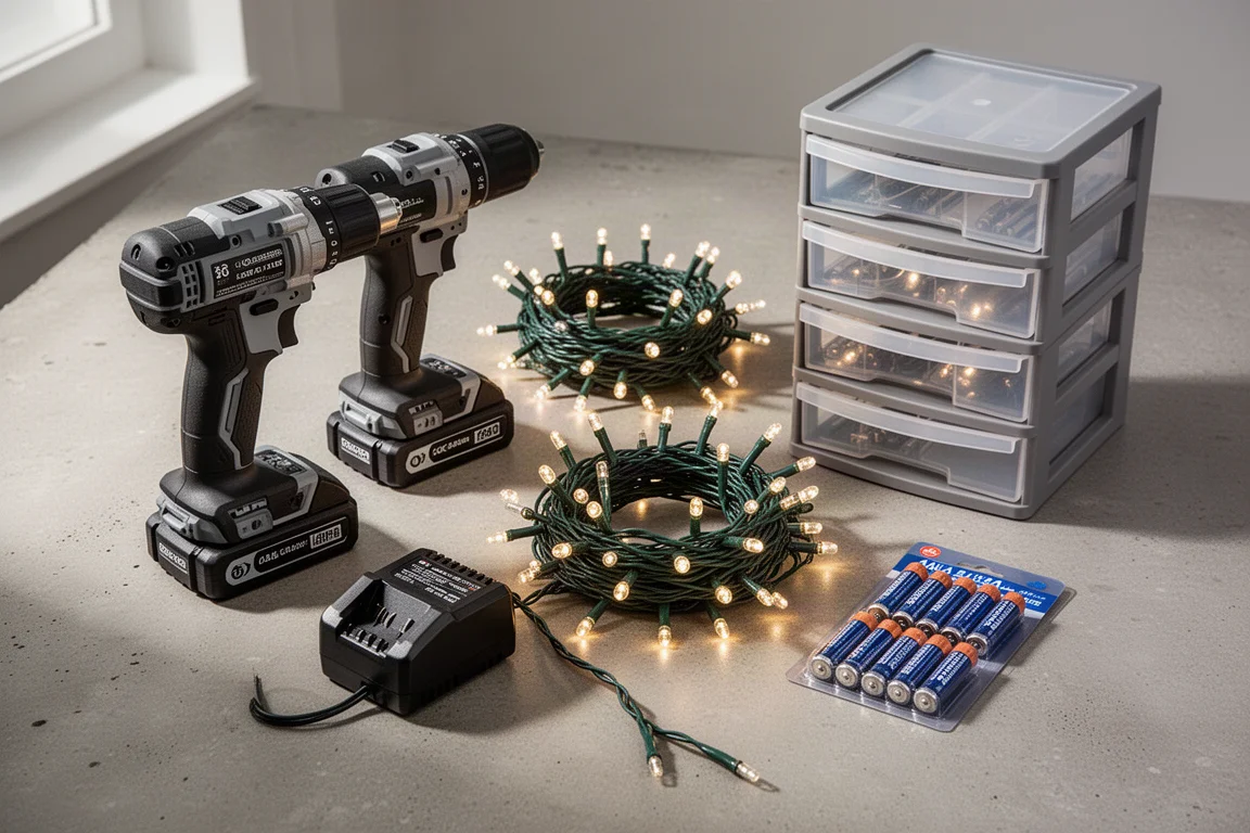 Flat-lay of power tools, LED lights, storage drawers, and batteries on concrete