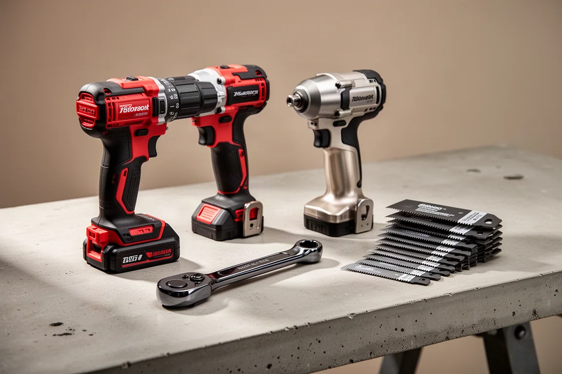 Cordless drill, impact driver, ratchet wrench and saw blades arranged on a concrete workbench