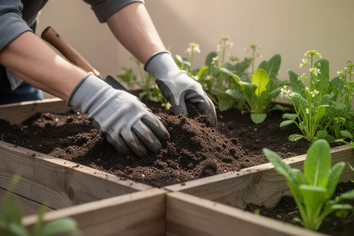 Tuinman bewerkt in lentelicht vruchtbare donkere aarde in een verhoogde moestuin