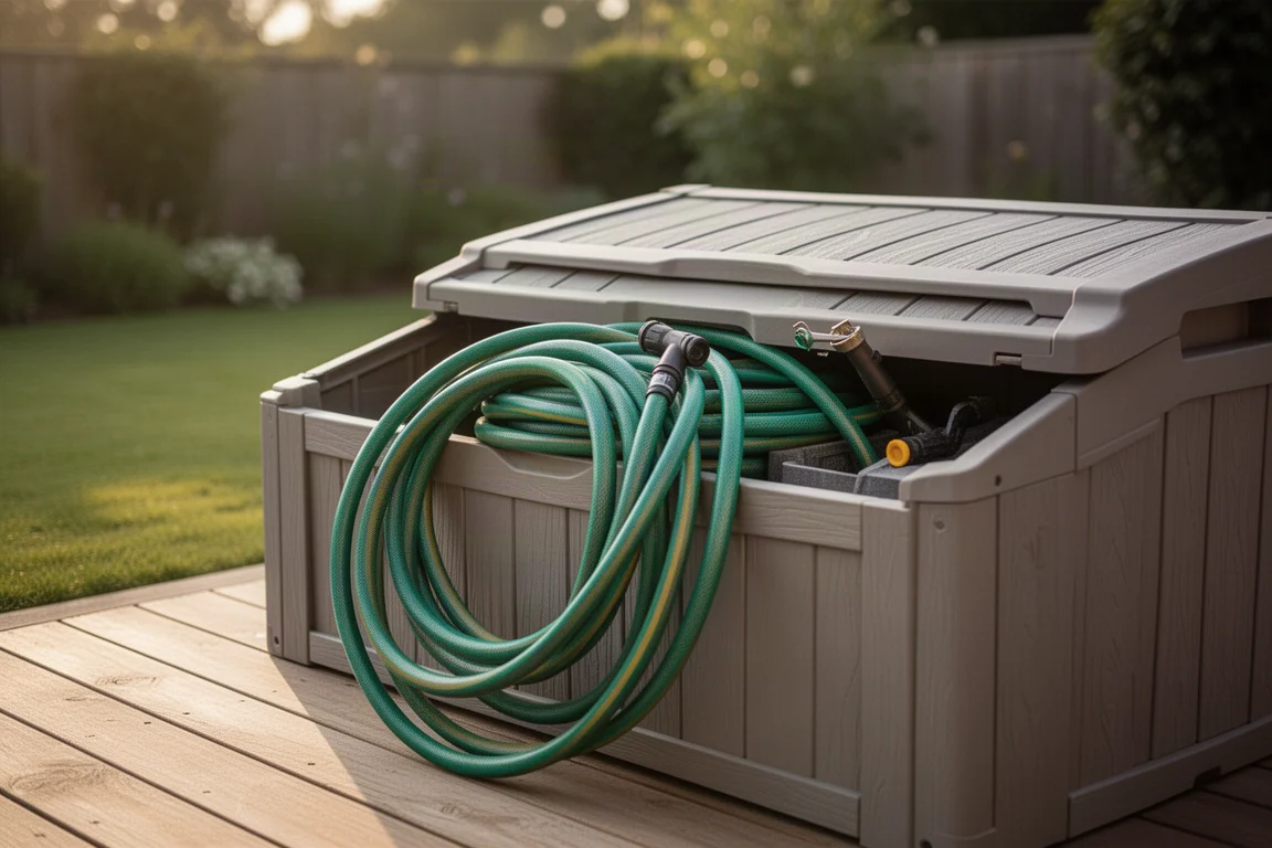Tuinslang netjes opgerold in een opbergbox op een terras