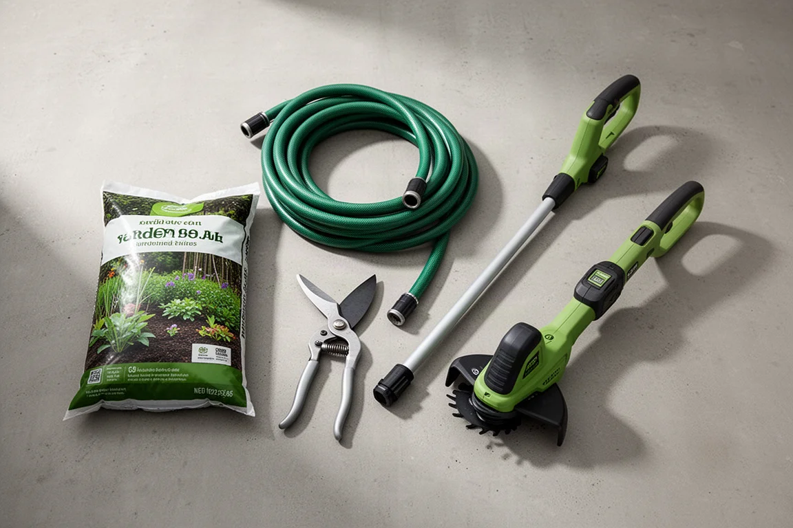 Spring garden and tool essentials arranged on a concrete surface
