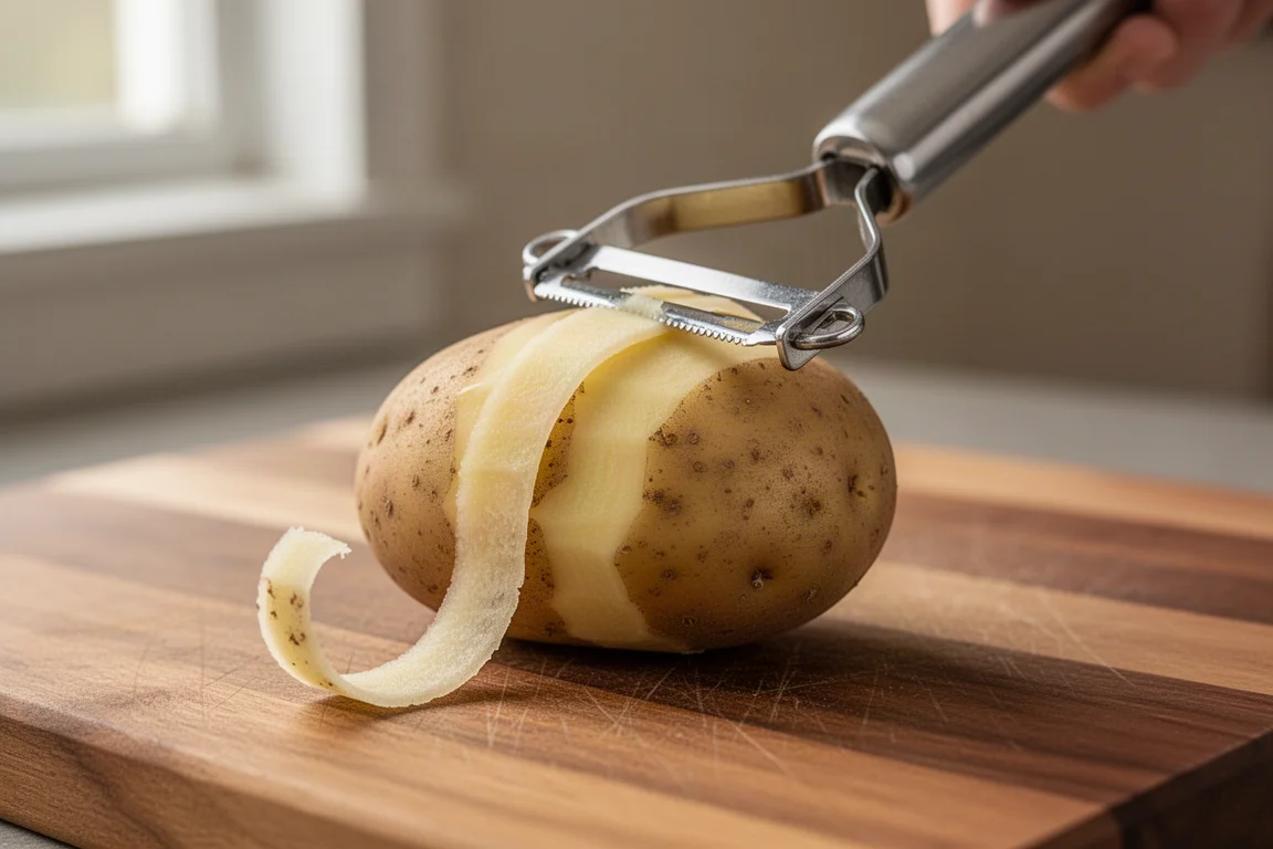 Économe de cuisine glissant sur une pomme de terre fraîche sur une planche en bois