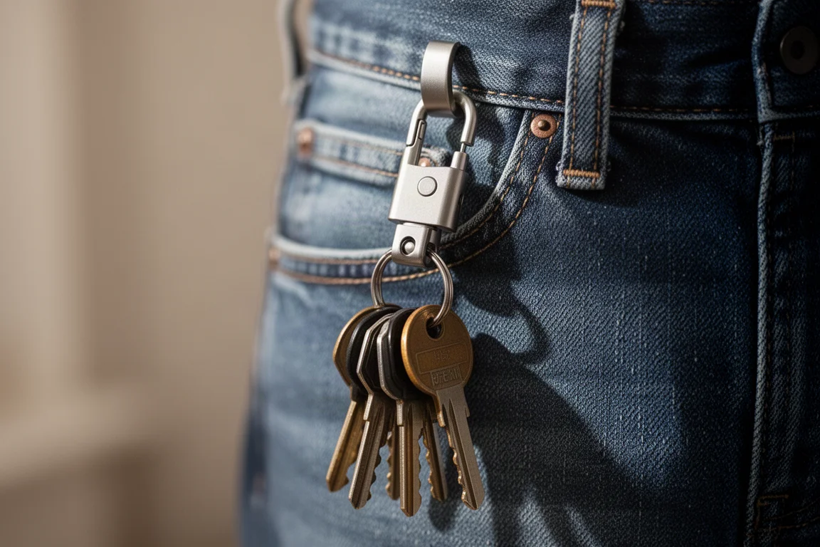 Petit mousqueton porte-clés accroché à une passante de ceinture tenant un trousseau de clés