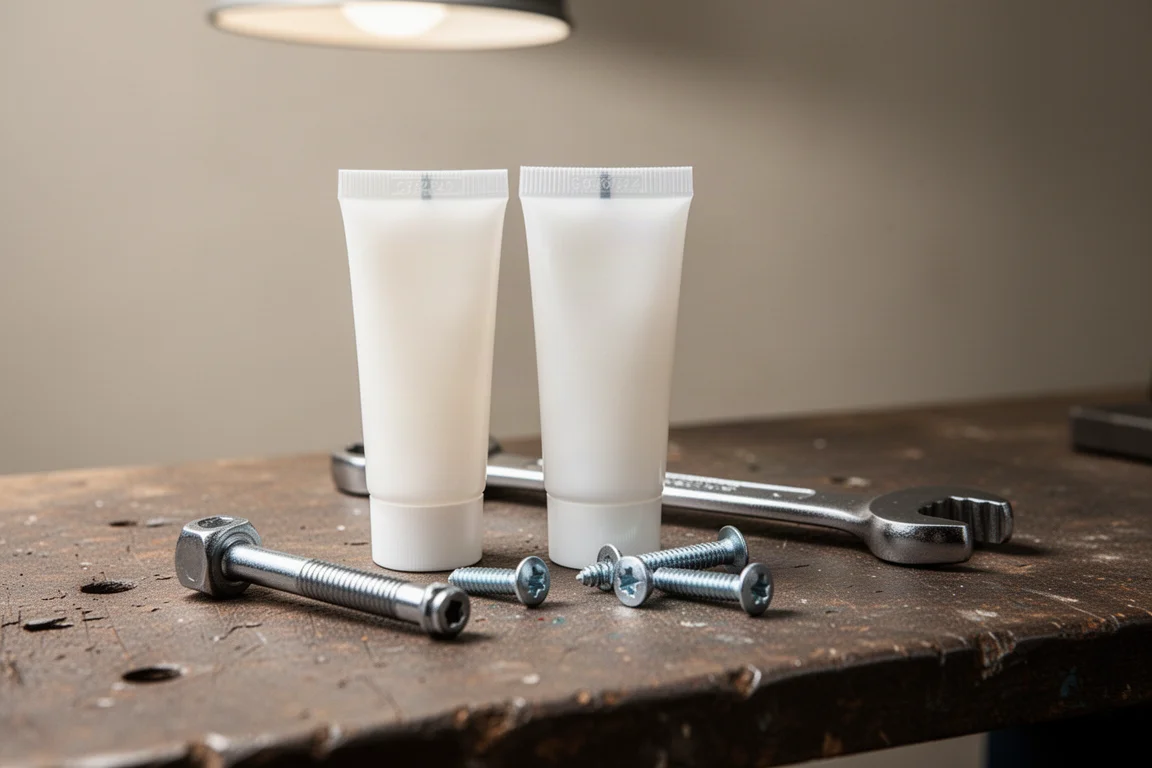 Petit tube de lubrifiant blanc à côté de pièces d'outils démontées sur un établi