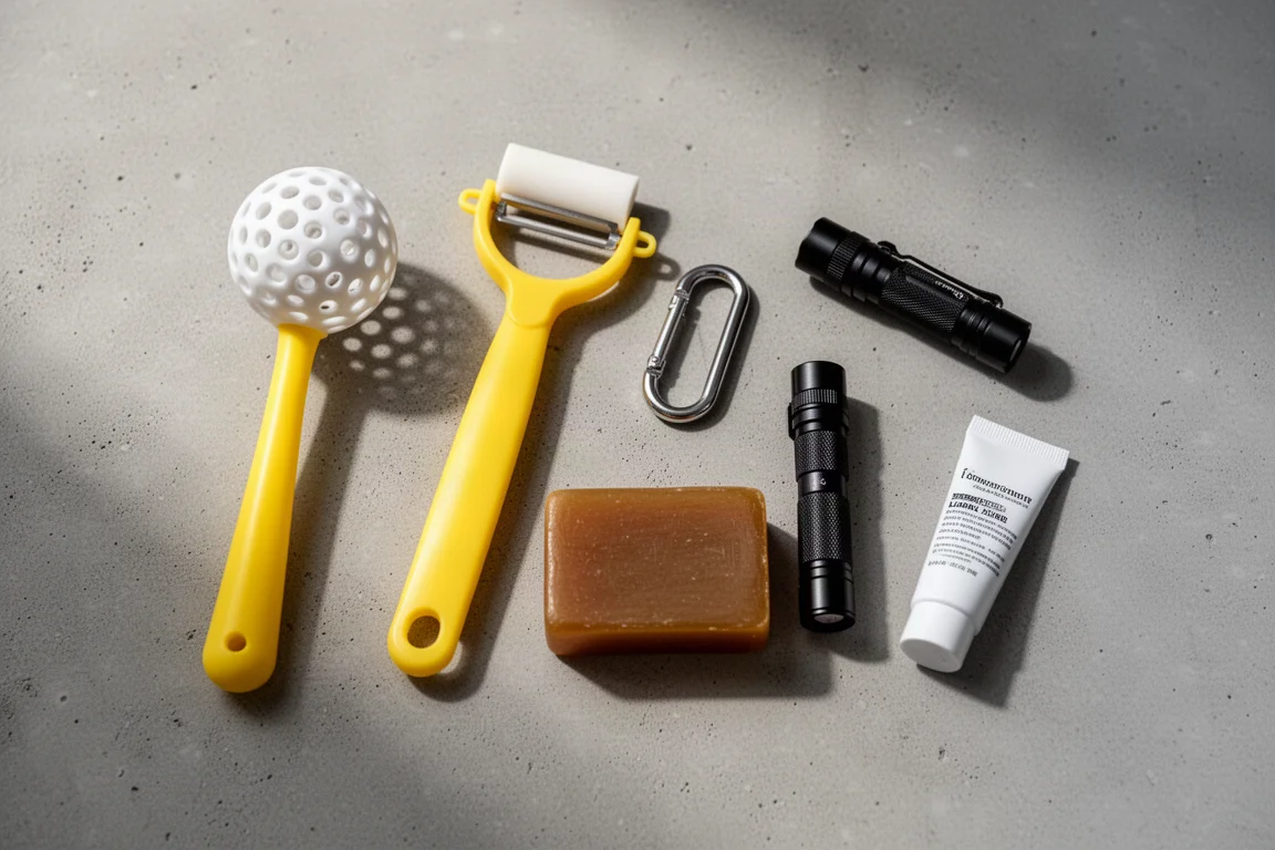 Composizione flat-lay di sei piccoli articoli per la casa e da utilizzo quotidiano su cemento