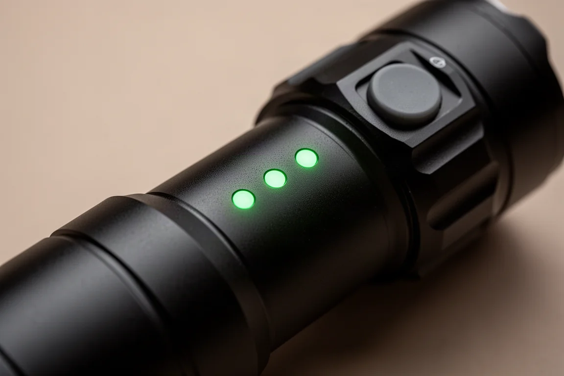 Vier kleine LED-laadindicatiestippen die oplichten op een zaklamp
