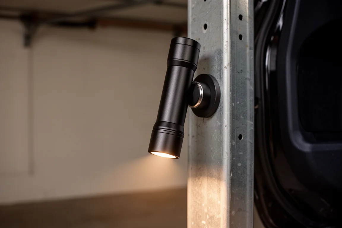 Magnetische zaklamp vastgeplakt op een metalen oppervlak in een donkere ruimte