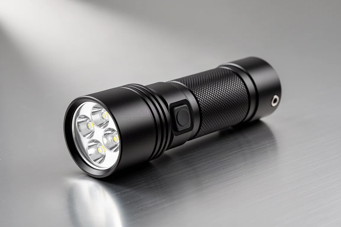 Matte black quad-LED flashlight standing on a brushed aluminium surface