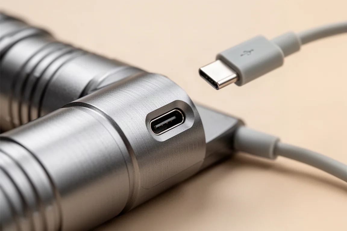 Närbild av en USB-C-laddningsport på sidan av en liten ficklampa
