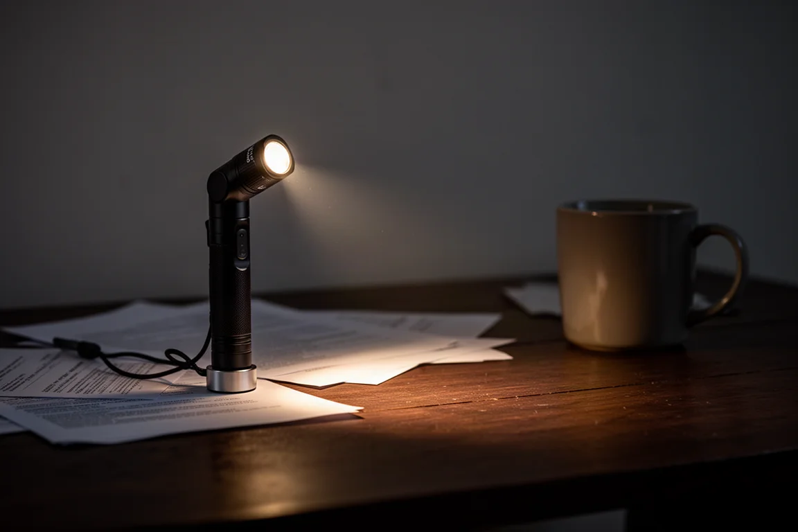 Liten ficklampa som kastar ett varmt ljus över ett skrivbord i ett mörkt rum