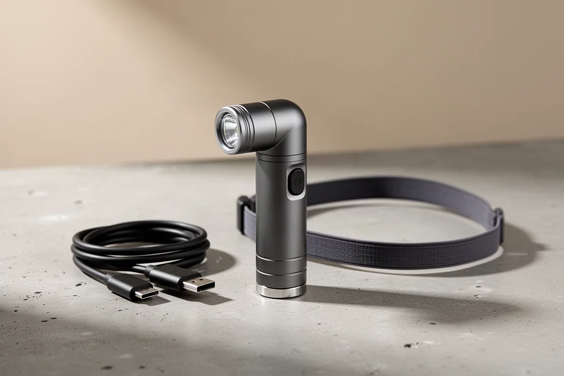 Compact grey right angle flashlight with USB-C cable and headband on concrete surface