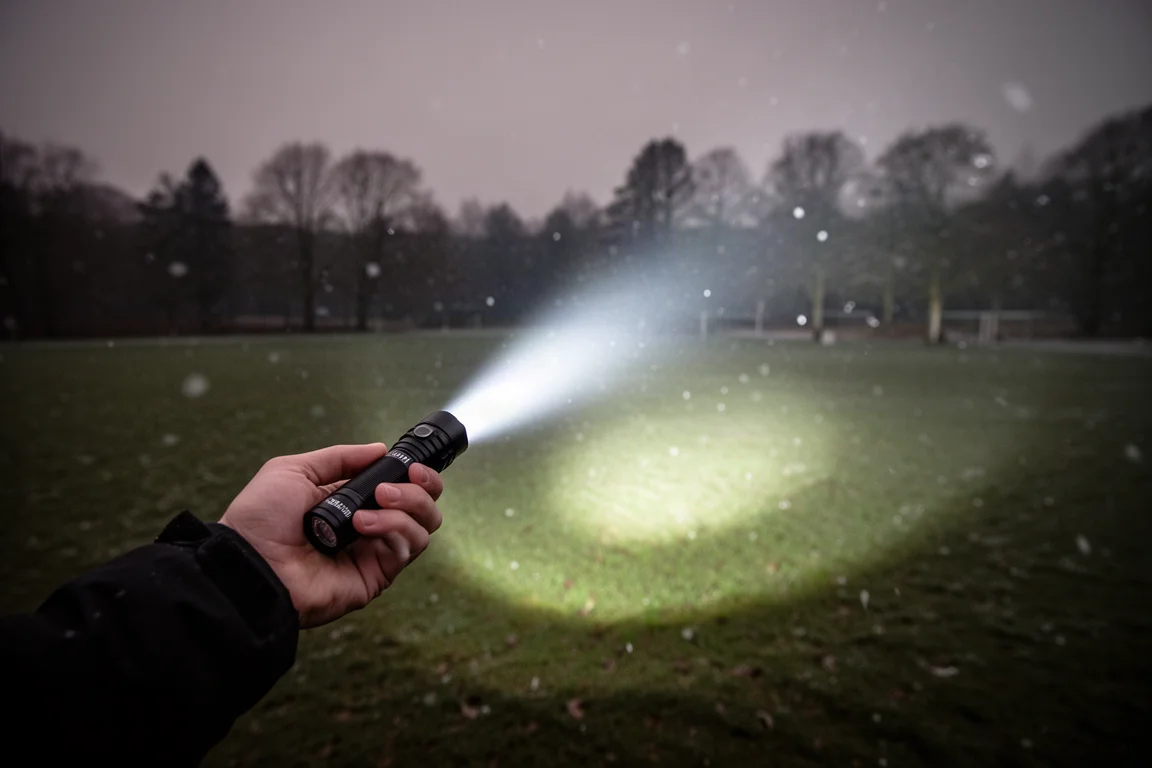 Haz de la linterna táctica iluminando árboles en un campo abierto de noche