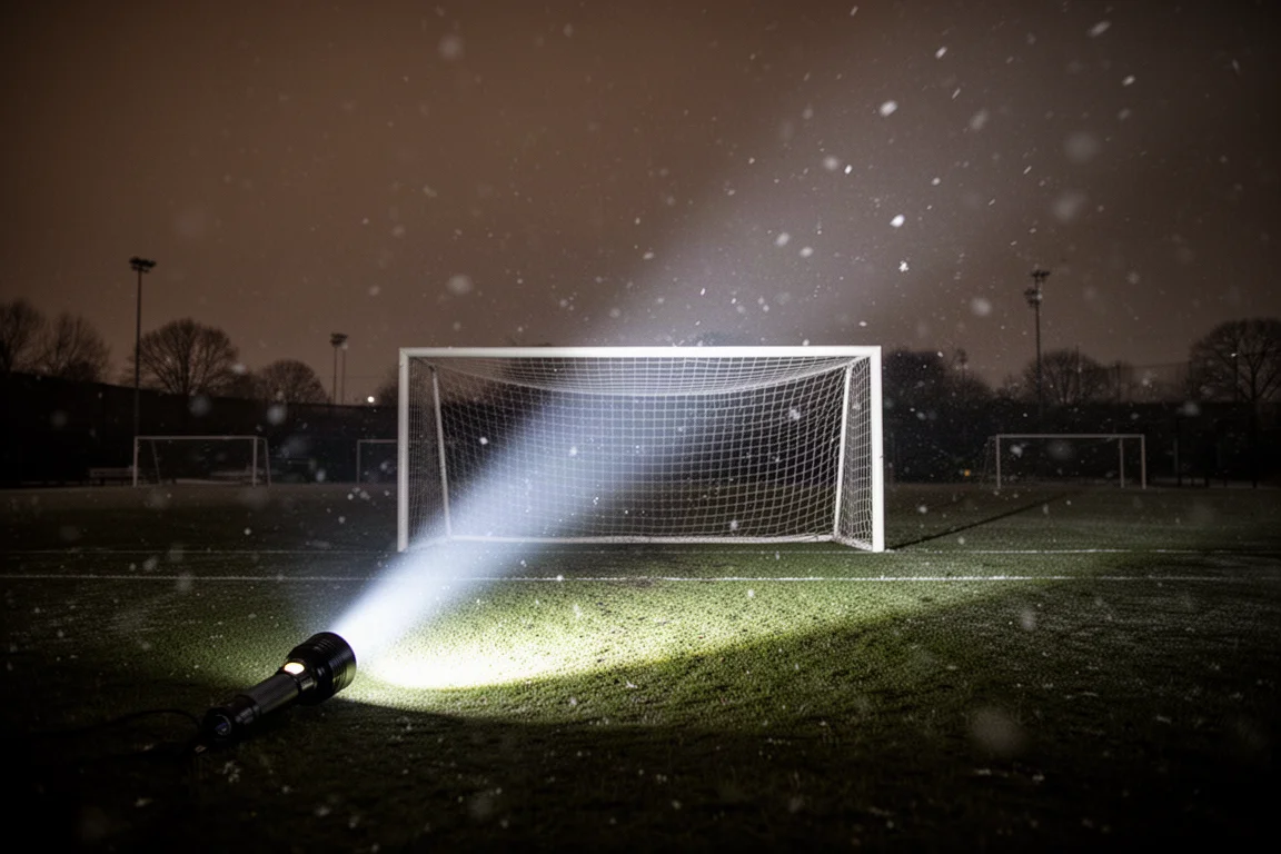 Haz de la linterna táctica alcanzando una portería de fútbol lejana de noche
