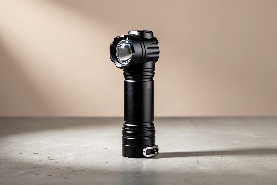 Torcia tattica AceBeam P15 in piedi su una superficie di cemento