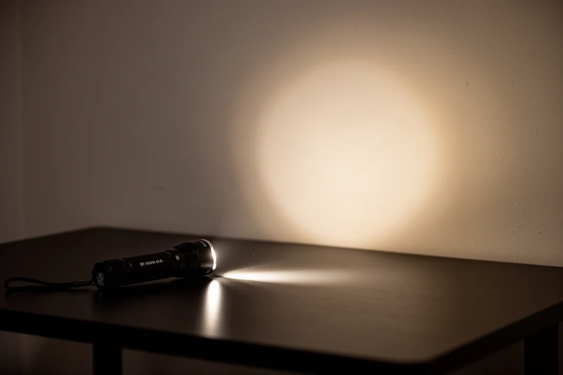 Haz de luz de la linterna proyectando un círculo de luz blanca neutra y cálida sobre una pared
