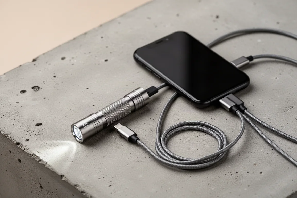 Linterna pequeña cargándose mediante un cable USB-C junto a un teléfono móvil