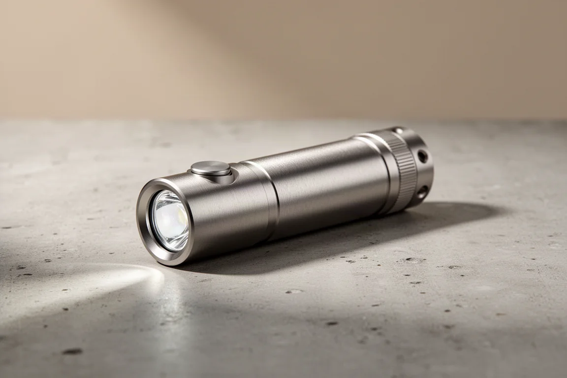 Compact titanium EDC flashlight photographed on a concrete surface