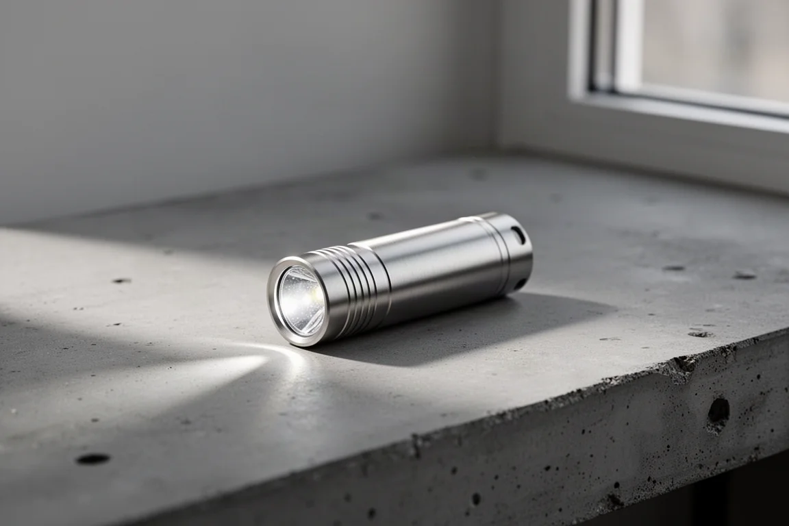 Compacte titanium zaklamp liggend op een betonnen ondergrond in daglicht