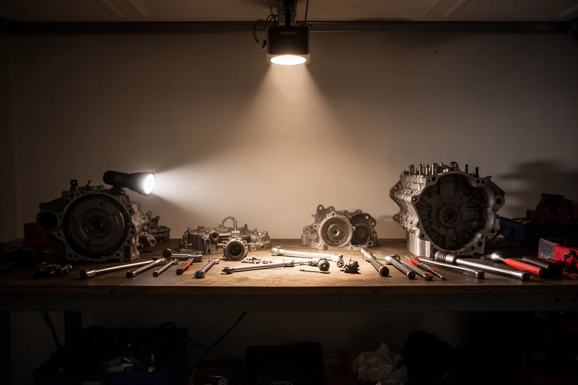 Zaklampstraal verlicht een donkere garagewerkplek met een warm witte flood