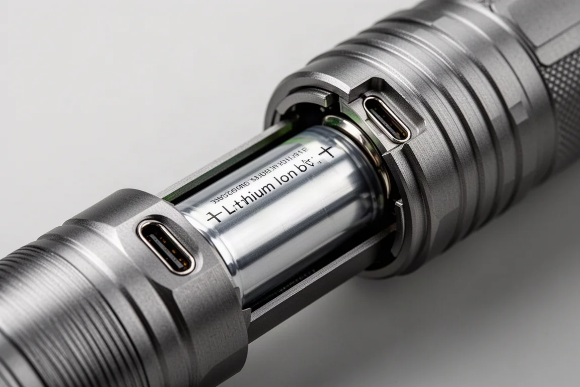 Close-up van het batterijcompartiment van een zaklamp met zichtbare USB-C-poort