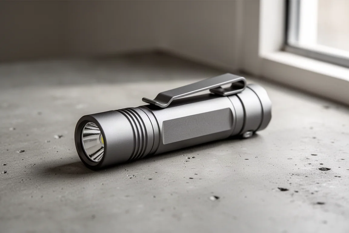 Platte zaklamp voor dagelijks gebruik liggend op een bureau naast een detail van de pocketclip