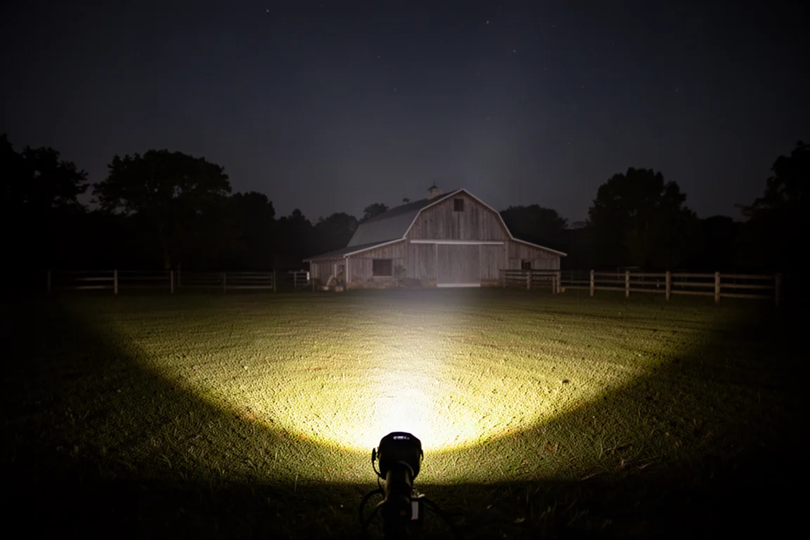Lichtbundel van de floodmodus die 's nachts een tuin verlicht