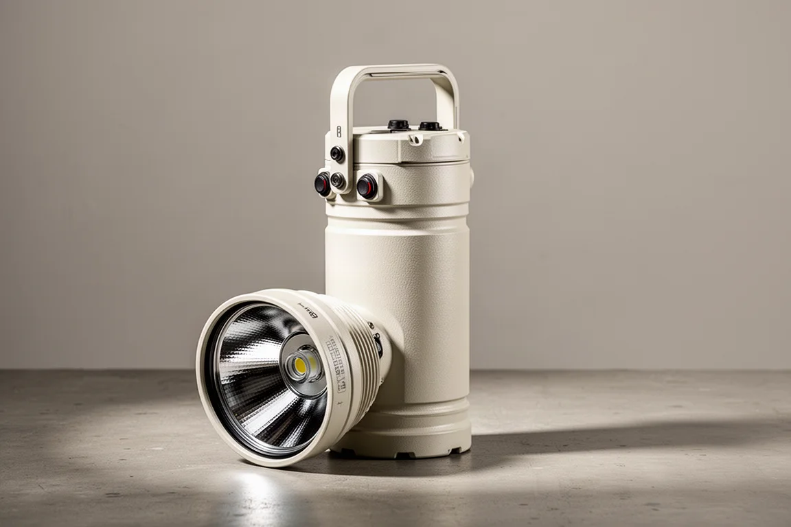 Torcia ad alta luminosità color bianco sporco con maniglia di trasporto su superficie di cemento