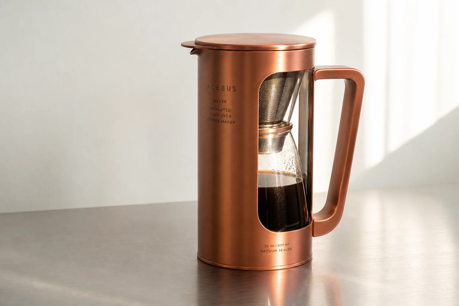 Five pour over coffee makers arranged on concrete surface showing variety of styles and designs