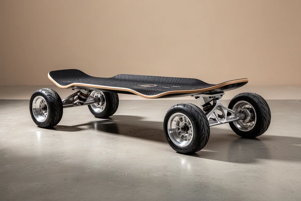 Skateboard elettrico Acedeck Ares X1 con deck in carbonio e truck in alluminio CNC su superficie in cemento