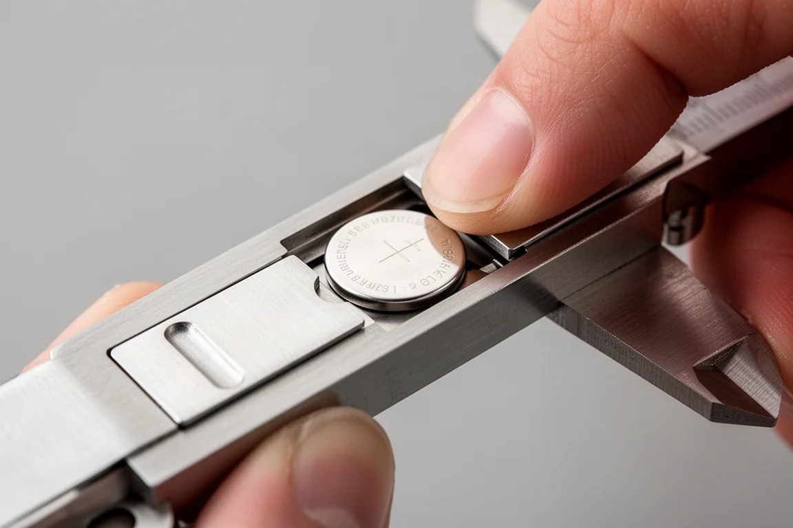 Knoopcelbatterij wordt in het batterijcompartiment van de schuifmaat geplaatst