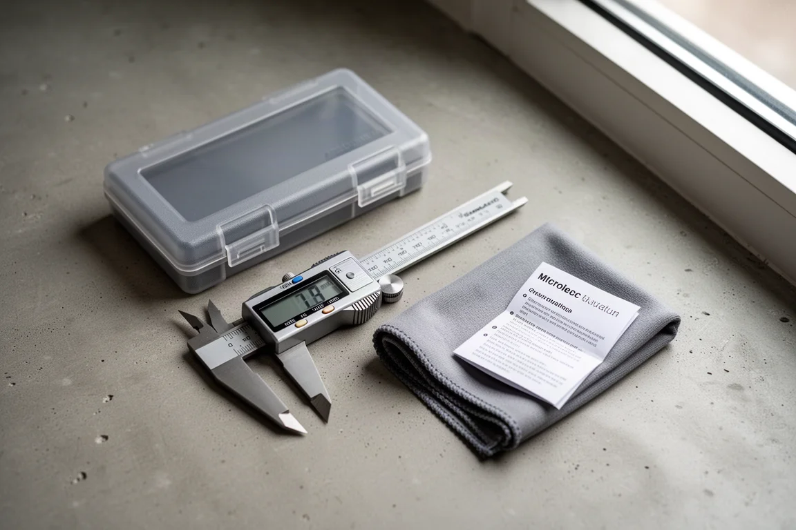 Schuifmaat, microvezeldoek en etui op een werkbank