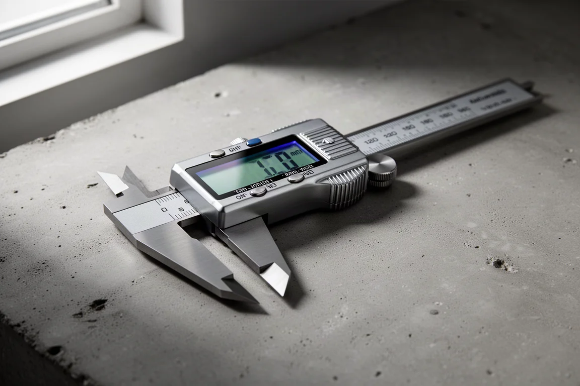Stainless steel digital caliper with large LCD display on a concrete workbench