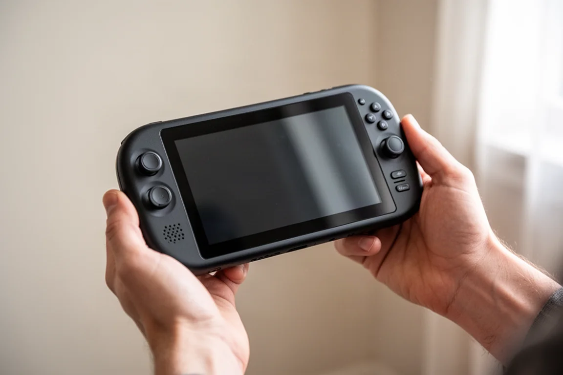 Person hält einen kompakten Streaming-Handheld mit 7-Zoll-Bildschirm in einem hellen Raum