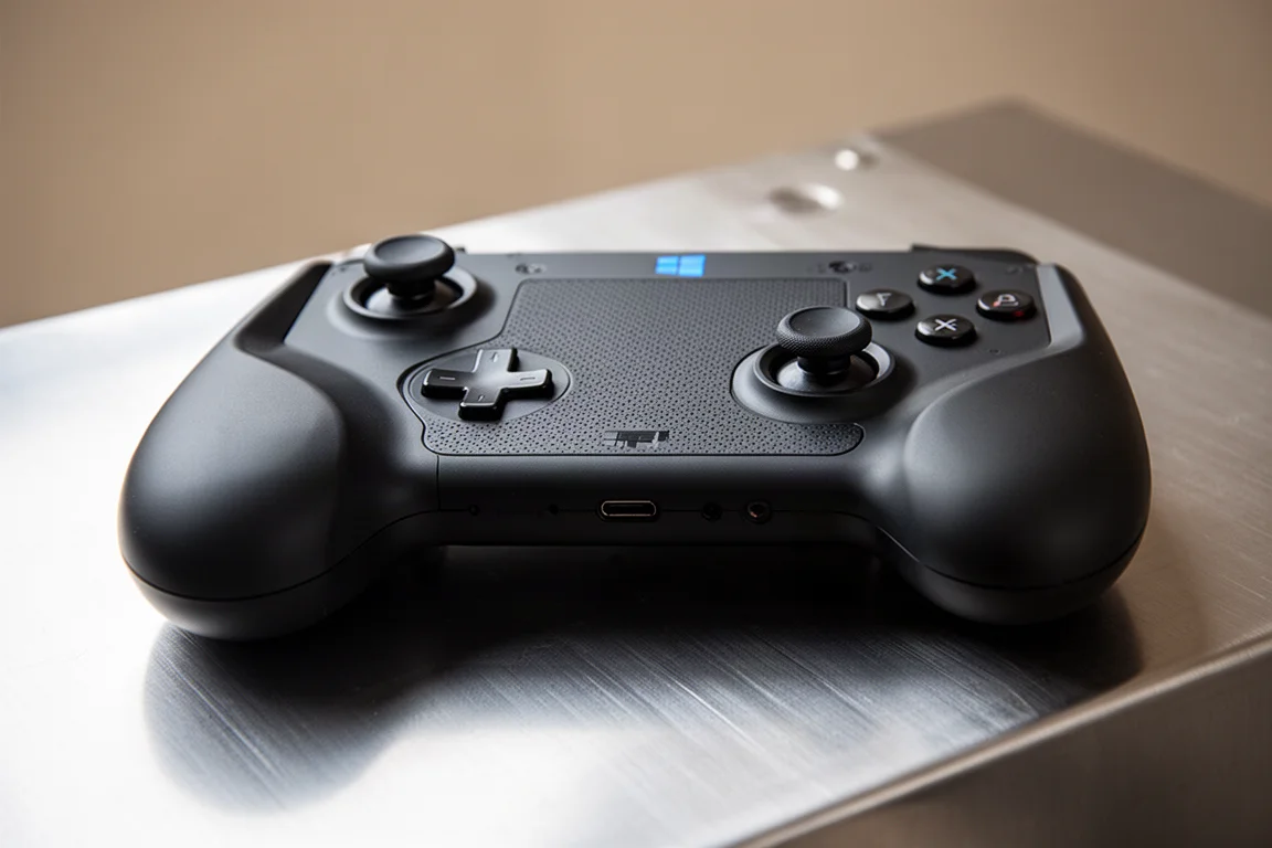Nahaufnahme eines Handheld-Gaming-Geräts mit ergonomischen Griffen und strukturierter Rückseite