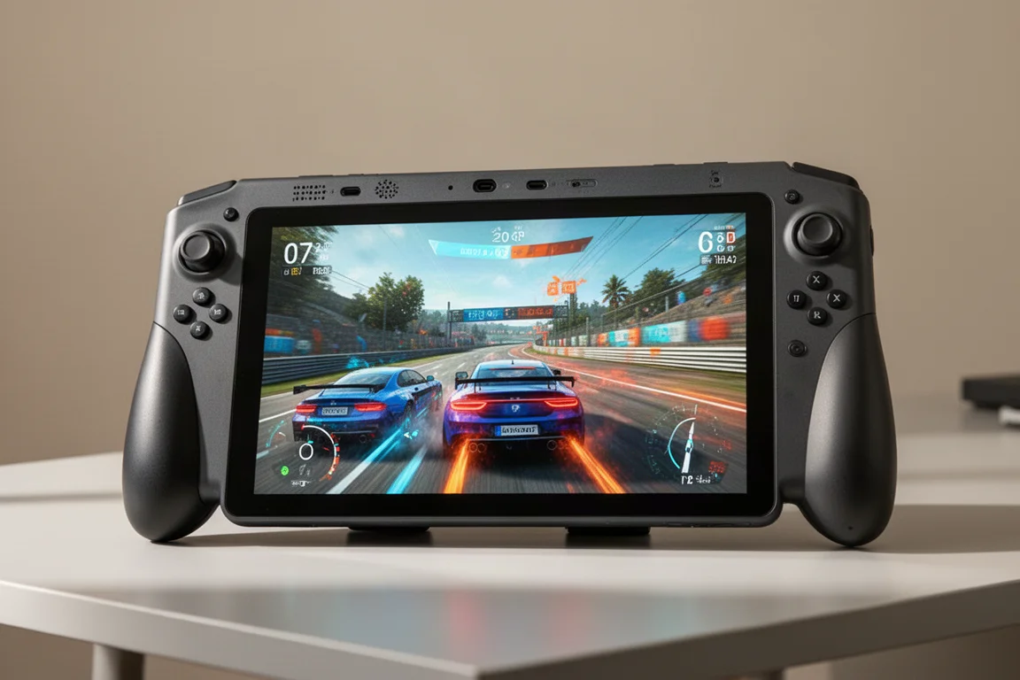 Handheld-Gaming-Gerät mit 8-Zoll-Display, das ein Rennspiel bei hohen Einstellungen zeigt