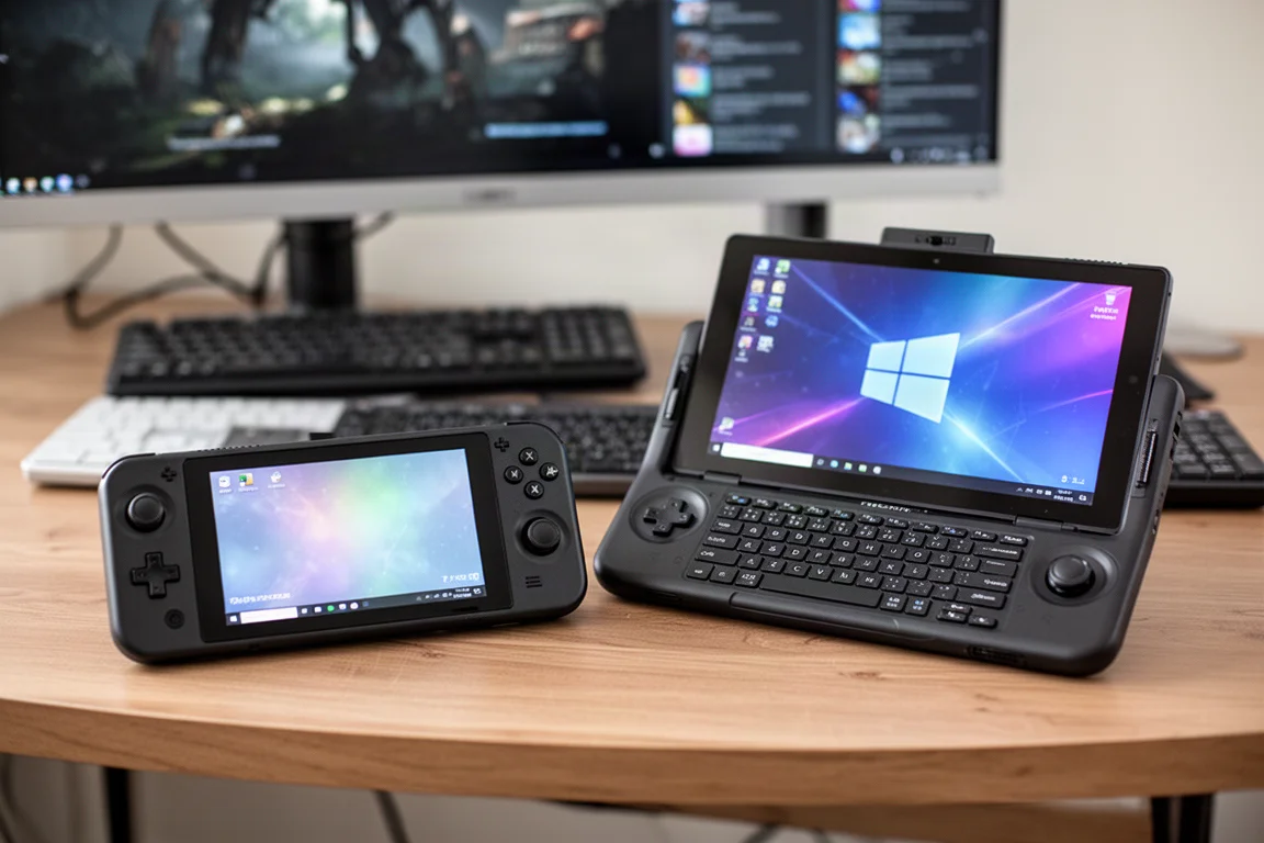 Zwei Handheld-Gaming-Geräte nebeneinander auf einem Holztisch in einem Gaming-Setup
