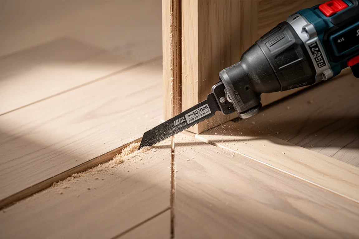 Accu-multitool zaagt een deurstempel tijdens het plaatsen van afwerking