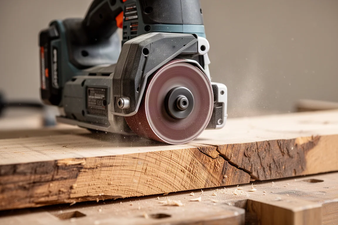 Close-up van een accu-bandenschuurmachine die een plank ruw hout schuurt