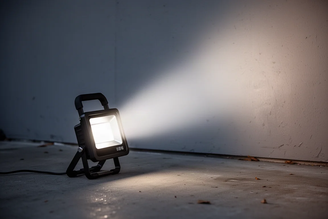 Werklamp op de vloer van een garage die een brede lichtbundel op de muur werpt