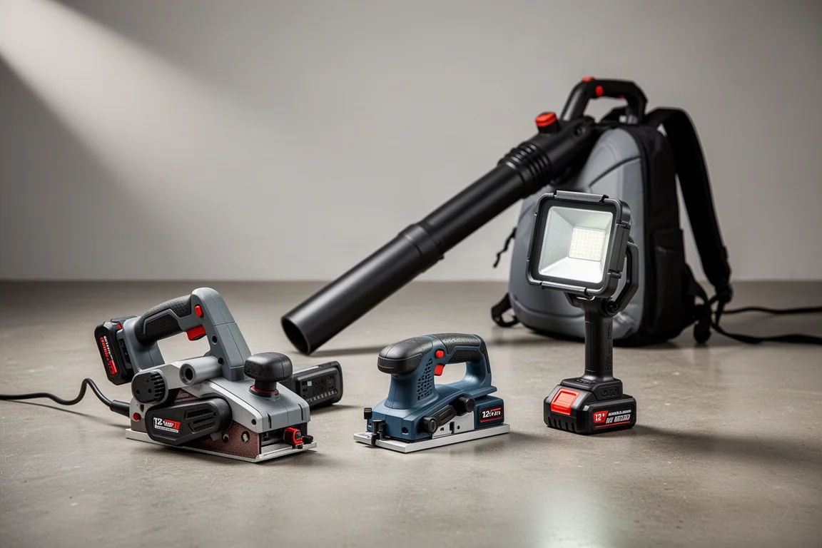 Assortment of cordless power tools on a concrete workshop floor