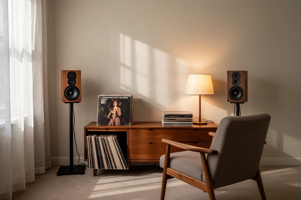 Altavoces compactos de estantería sobre soportes delgados en un pequeño rincón de escucha con discos de vinilo