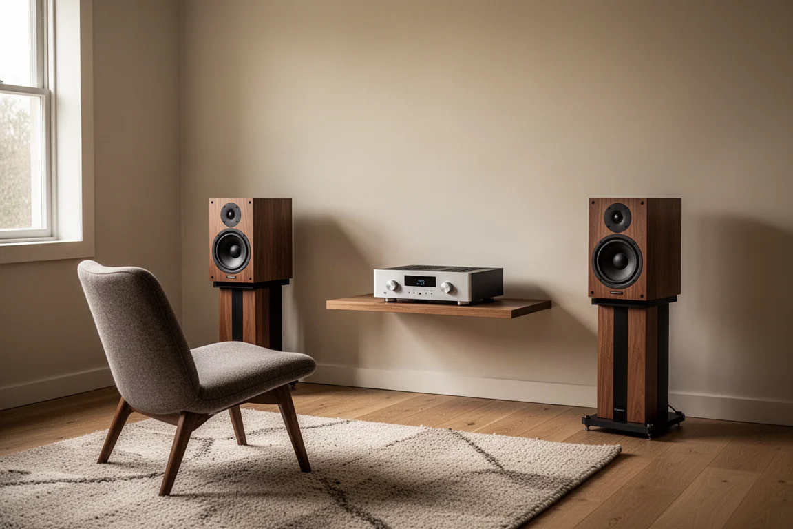 Dos altavoces pequeños colocados cerca de una pared lisa en una sala de escucha modesta