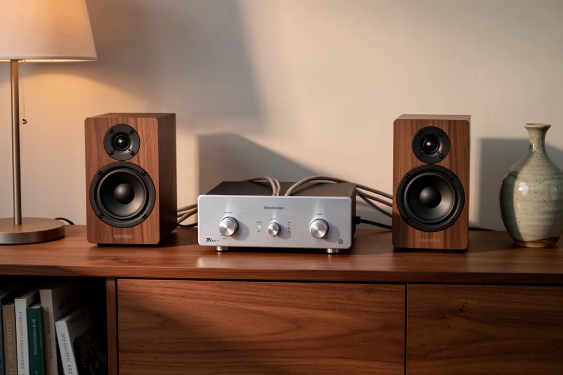 Amplificador compacto sobre un mueble de madera entre dos altavoces pequeños con luz cálida