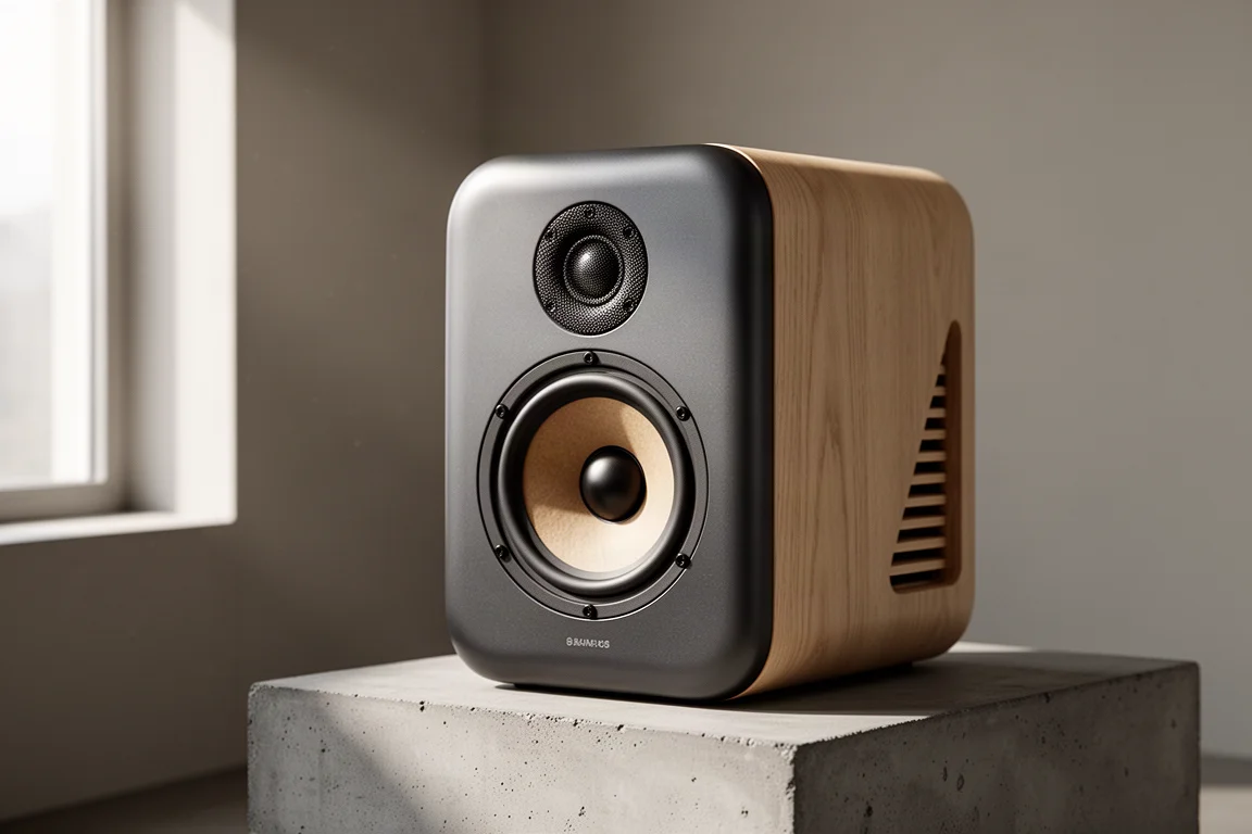 Compact standmount speaker with curved cabinet edges on a concrete plinth in soft light